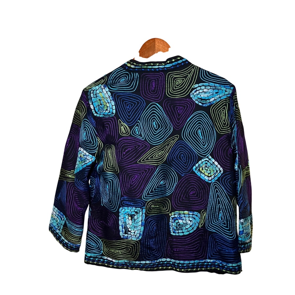 Life Style Petite Jacket Women PXL Black Blue Embroidered Art Boho Open Front - Picture 7 of 10